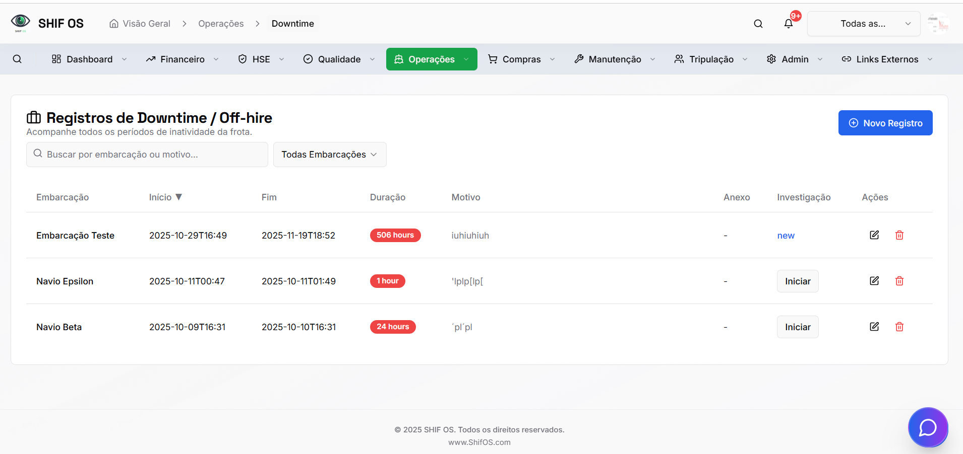 Registros de Downtime/Off-hire